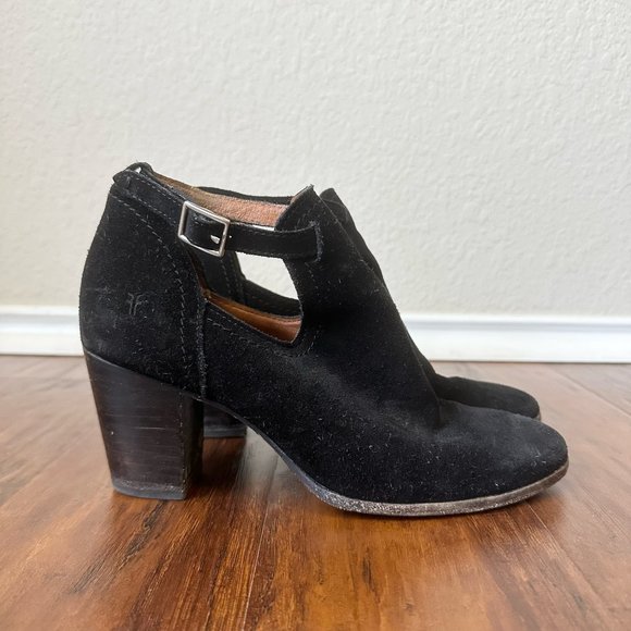 FRYE Meghan Suede Bootie Black Cutout Ankle Boots Buckle - Picture 1 of 11